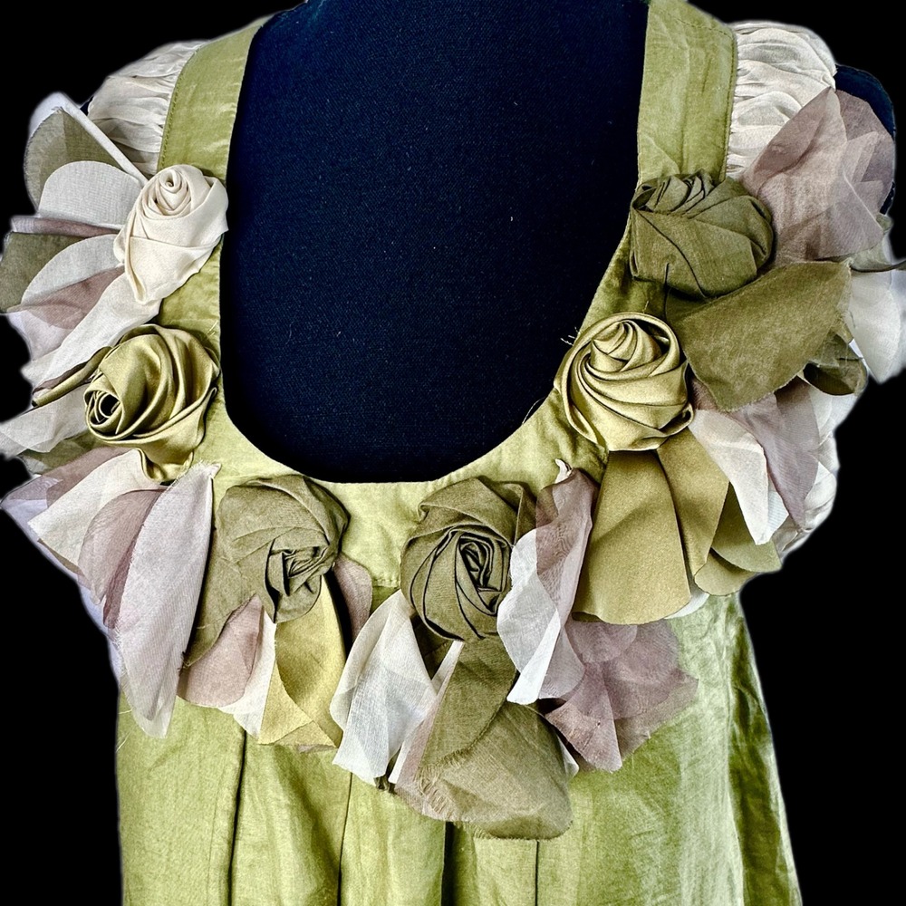 Ryu Olive Green 100% Silk 3D Rosette Sleeveless Babydoll Dress RD3492 Medium